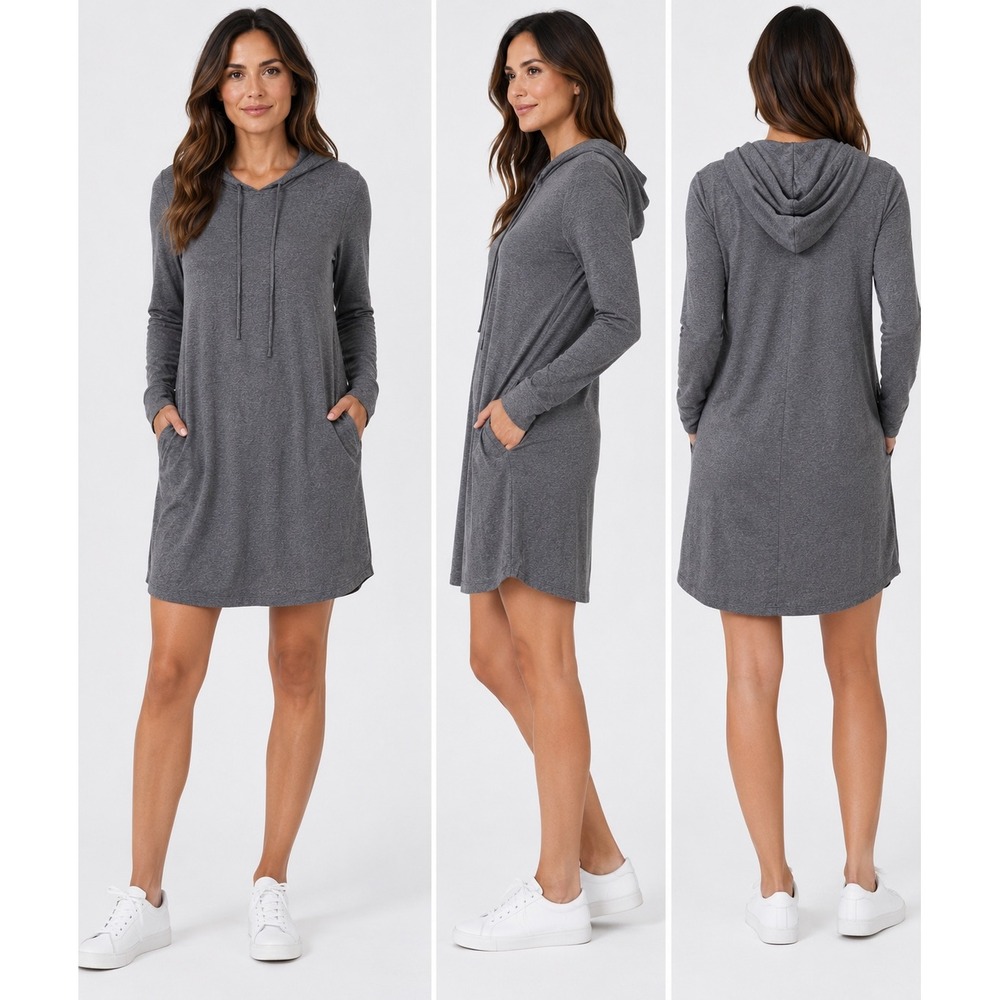Eileen Fisher Tunic Dress Womens M Gray Hooded Organic Cotton Stretch Pockets